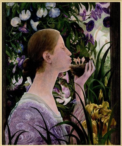 Le nid (Il nido). Giovane donna di profilo, in un giardino fiorito, con un nido in mano e che bacia i piccoli uccelli. Dipinto di Constant Montaid (1862-1944) da Constant Montald