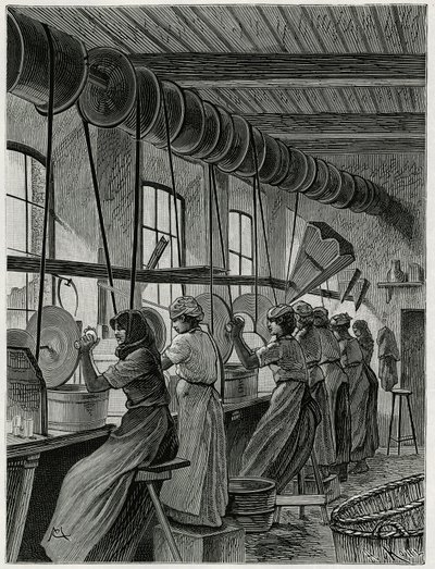 Un laboratorio femminile alla vetreria di Val Saint Lambert. Incisione di C.Meunier per illustrare il racconto “Il Belgio”, di Camille Lemonnier (1844-1913), scrittore e critico d