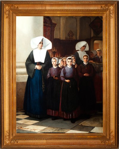 Dipinto. Firmato e datato: Constant Meunier 1864. Gli orfani. Olio su tela. (dettaglio) da Constantin Emile Meunier