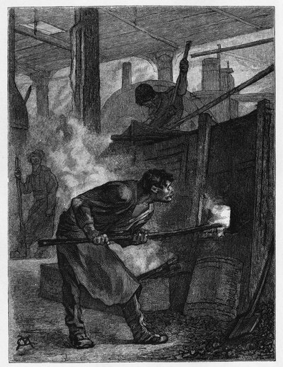 Puddleur al suo forno (operaio siderurgico responsabile di mescolare il ferro per trasformarlo in ferro bruciando il carbonio), in una fabbrica a Jumet (o Djumet, nella città di Charleroi). Incisione di Constant Meunier, per illustrare il racconto “Belgio” da Constantin Emile Meunier