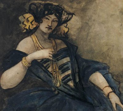 Donna seduta, elegantemente vestita, mezza figura da Constantin Guys