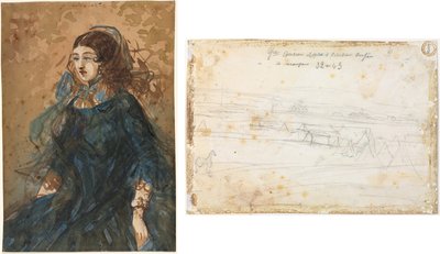 Donna in un vestito blu (recto); Scena di accampamento di guerra (verso) da Constantin Guys