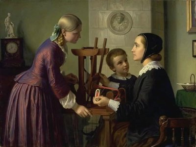 Una casalinga al suo telaio parla con due bambini da Constantin Hansen