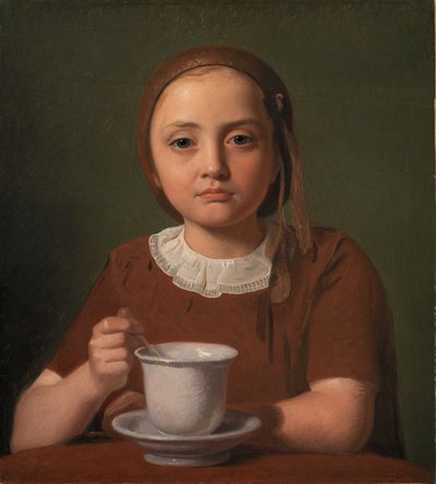 Ritratto di una bambina, Elise Købke, con una tazza davanti a lei, 1850 da Constantin Hansen