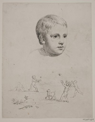 In alto ritratto di T. N. Thiele da bambino, in basso quattro ragazzi che giocano a palla da Constantin Hansen