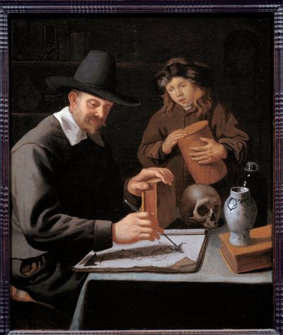 Il pittore e il suo allievo. Un apprendista osserva il suo maestro disegnare su un taccuino. Dipinto (Vanità) di Constantin Verhout (o Voorhout) da Constantin Verhout or Voorhout
