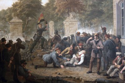 Barricata rivoluzionaria di fronte al Parco di Bruxelles durante i combattimenti tra ribelli belgi e forze olandesi nel 1830 da Constantinus Fidelio Coene