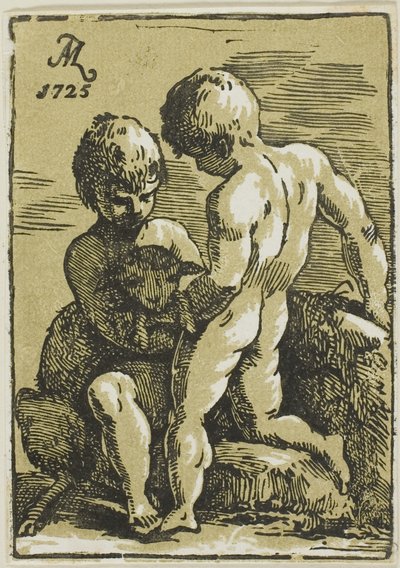 Due bambini che accarezzano un agnello da Conte Antonio Maria Zanetti the Elder