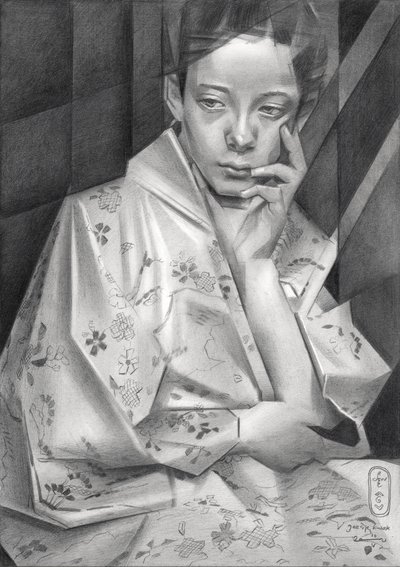 Ragazza in kimono pensierosa da Corné Akkers