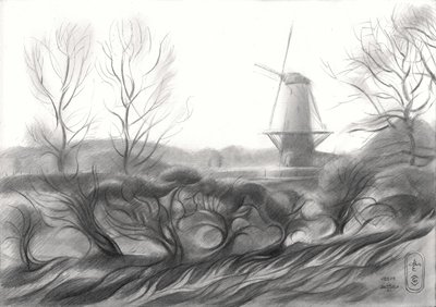 Disegno di un mulino a vento invernale da Corné Akkers
