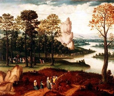 Ampio paesaggio fluviale boscoso con San Giovanni Battista che predica da Cornelis (after) Massys