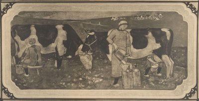 Fotoreproduzione di disegno con contadine e mucche per vetrata di Richard Roland Holst da Cornelis Albertus Deul