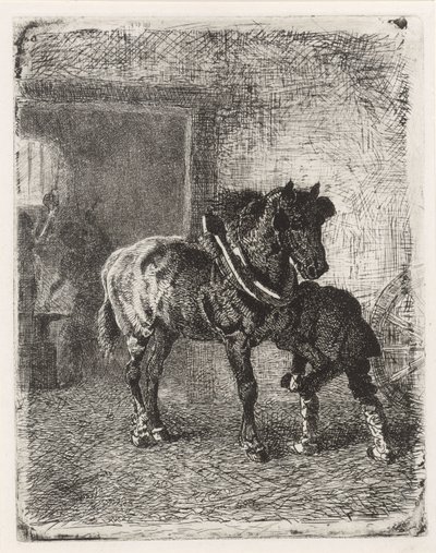 Cavallo che riceve ferri di cavallo in una fucina da Cornelis Albertus Johannes Schermer