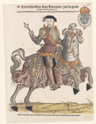 Ritratto di Enrico II di Francia in armatura a cavallo, verso destra da Cornelis Anthonisz. (manner of)