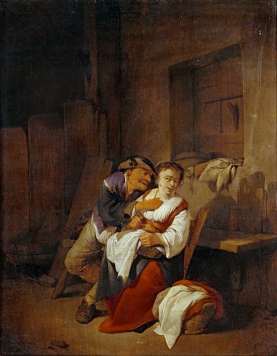 Uomo anziano che lotta con una giovane donna in un interno ... da Cornelis Bega