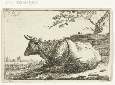 Paesaggio con mucca sdraiata con coperta sulla schiena da Cornelis  Bisschop