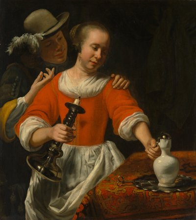 Una giovane donna e un cavaliere da Cornelis Bisschop