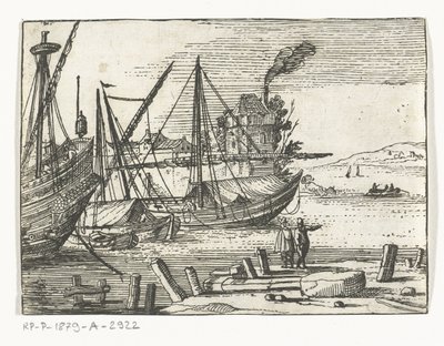 Veduta del porto con due velieri e un galeone, due uomini sulla banchina da Cornelis Bol (attributed to)