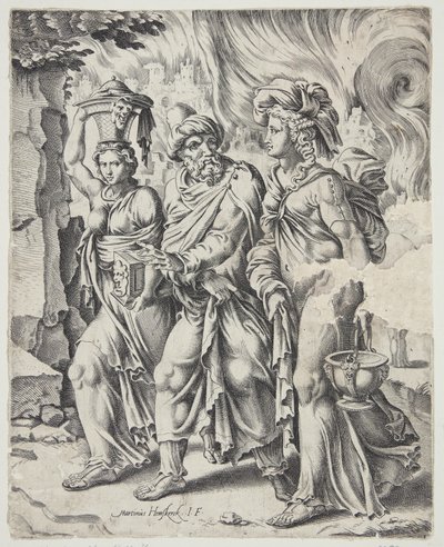 Lot e le sue figlie lasciano Sodoma in fiamme da Cornelis Bos