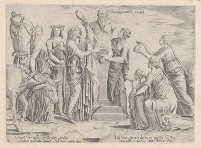 Speculum Romanae Magnificentiae: Otto donne che sacrificano a Priapo, XVI secolo da Cornelis Bos.