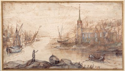 Scena di un porto con navi e una chiesa al tramonto da Cornelis Claesz  van Wieringen