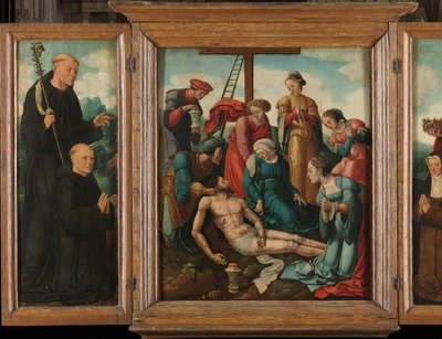 Trittico con il compianto di Cristo (centro), affiancato dal donatore maschio con San Benedetto (ala interna sinistra) e dalla donatrice femmina con Santa Elisabetta di Turingia (ala interna destra) da Cornelis Cornelisz II Buys (attributed to)