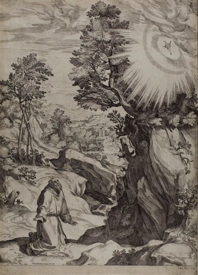 San Francesco penitente in un grande paesaggio da Cornelis Cort