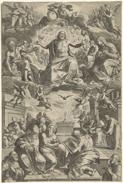 Discussione tra i padri della chiesa sul sacramento da Cornelis Cort
