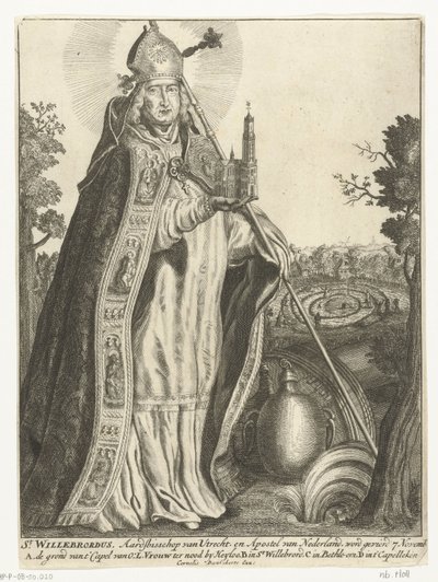 San Willibrordus come arcivescovo con modello della chiesa del Duomo di Utrecht da Cornelis Danckerts (I)