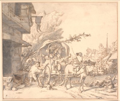 Scena di mercato con contadini ubriachi in un carro davanti a una locanda da Cornelis Dusart