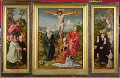 Trittico della Crocifissione: Santa Barbara con donatori (ala destra); San Giacomo Maggiore con donatori (ala sinistra); La Crocifissione (centro) da Cornelis Engebrechtsz