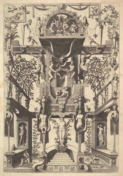 Struttura architettonica fantastica con lavori a cinghia e due pergole e una piccola scena con veduta da Cornelis Floris Ii
