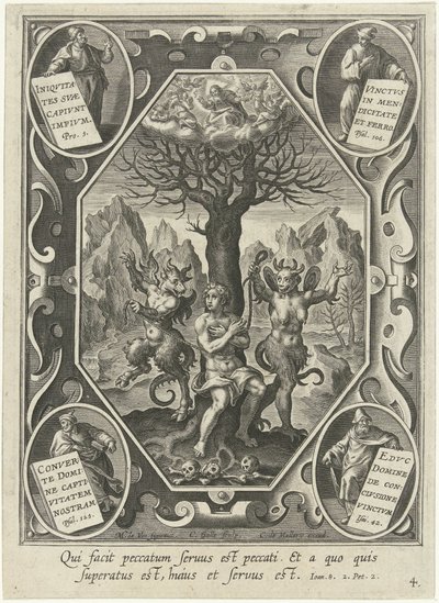 Un giovane uomo incatenato a un albero da due diavoli da Cornelis Galle (I)
