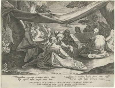 Compagnia musicale con uomo dietro il virginale da Cornelis Galle (I)