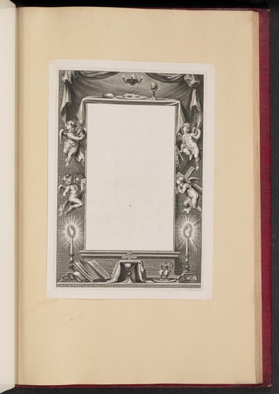 Illustrazione di confine con putti che tengono gli attributi della Passione da Cornelis Galle I