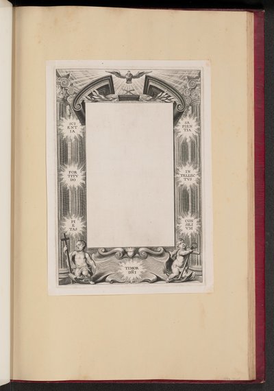 Illustrazione di confine con due putti "Scientia, Fortitudo, Pietas, Timor-DNI, Sapientia, Intellectus, Consilium" da Cornelis Galle I