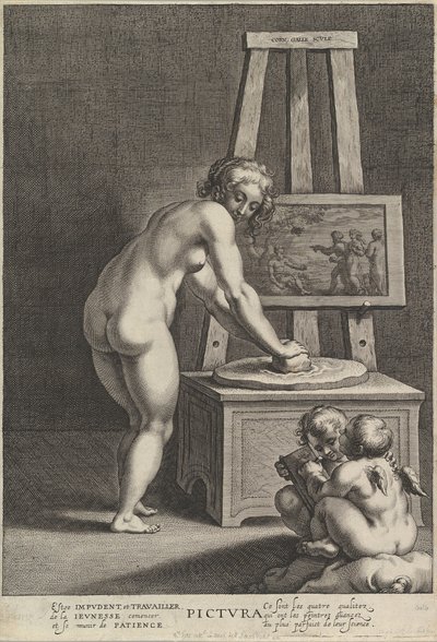 Pictura: allegoria della pittura, con una donna nuda al centro che macina pigmenti da Cornelis Galle I
