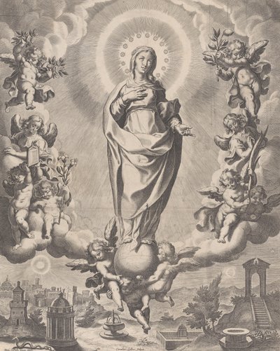 La Vergine in Gloria, in piedi sulle nuvole e circondata da angeli che tengono i simboli, 1595-1633 da Cornelis Galle I
