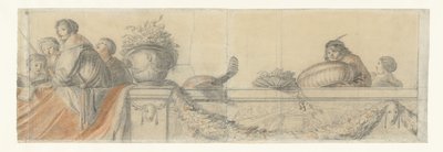 Persone su una balaustra con festoni (Ontwerpen voor wandschilderingen in kasteel Honselaersdijk) da Cornelis Holsteyn