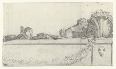 Persone su una balaustra con festoni (serie Progetti per affreschi nel castello di Honselaersdijk) da Cornelis Holsteyn