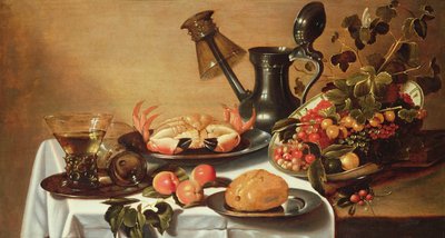 Natura morta di frutta con granchio, roehmer rovesciato sul beccuccio di una brocca da Cornelis Kruys