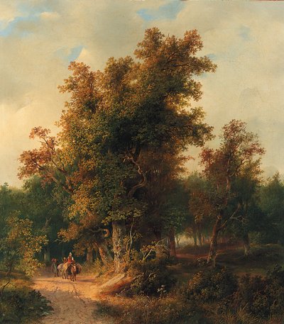 Paesaggio boscoso con viaggiatori su un sentiero sabbioso da Cornelis Lieste