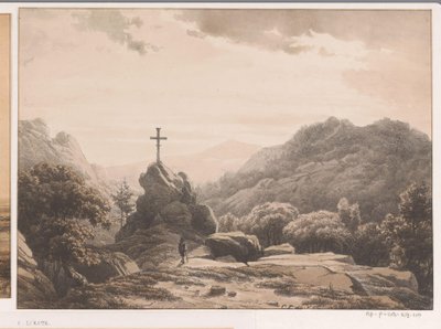 Paesaggio montano con croce su una roccia da Cornelis Lieste