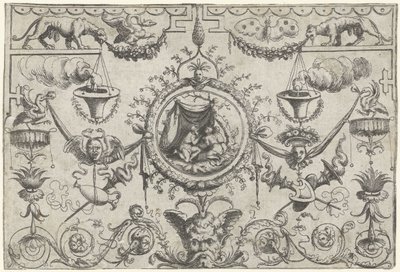 Ornamento con tre figure inginocchiate sotto un drappo da Cornelis Massijs (attributed to)