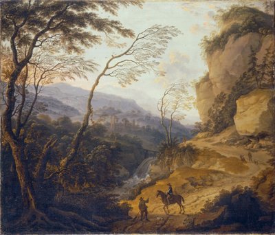 Olandese: Paesaggio montano con un cavaliere e un cacciatore in conversazione da Cornelis Matthieu