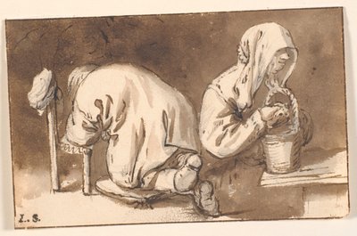Un uomo inginocchiato e una donna con un cesto da Cornelis Pietersz Bega