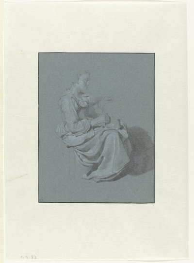 Donna seduta, di profilo a destra, con una brocca nella mano destra da Cornelis Pietersz. Bega