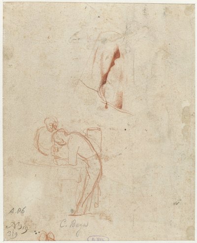 Schizzo di due figure in piedi e uno studio di drappeggio da Cornelis Pietersz. Bega