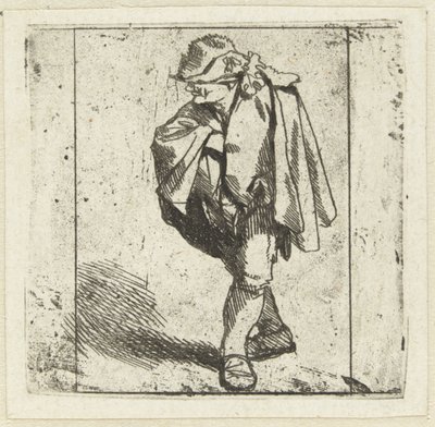 Uomo in piedi con la mano destra sul petto infilata nel mantello da Cornelis Pietersz. Bega