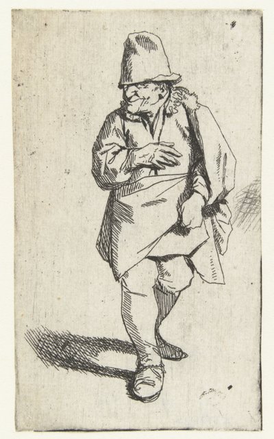 Uomo in piedi con cappello alto o berretto, mano destra sul petto da Cornelis Pietersz. Bega